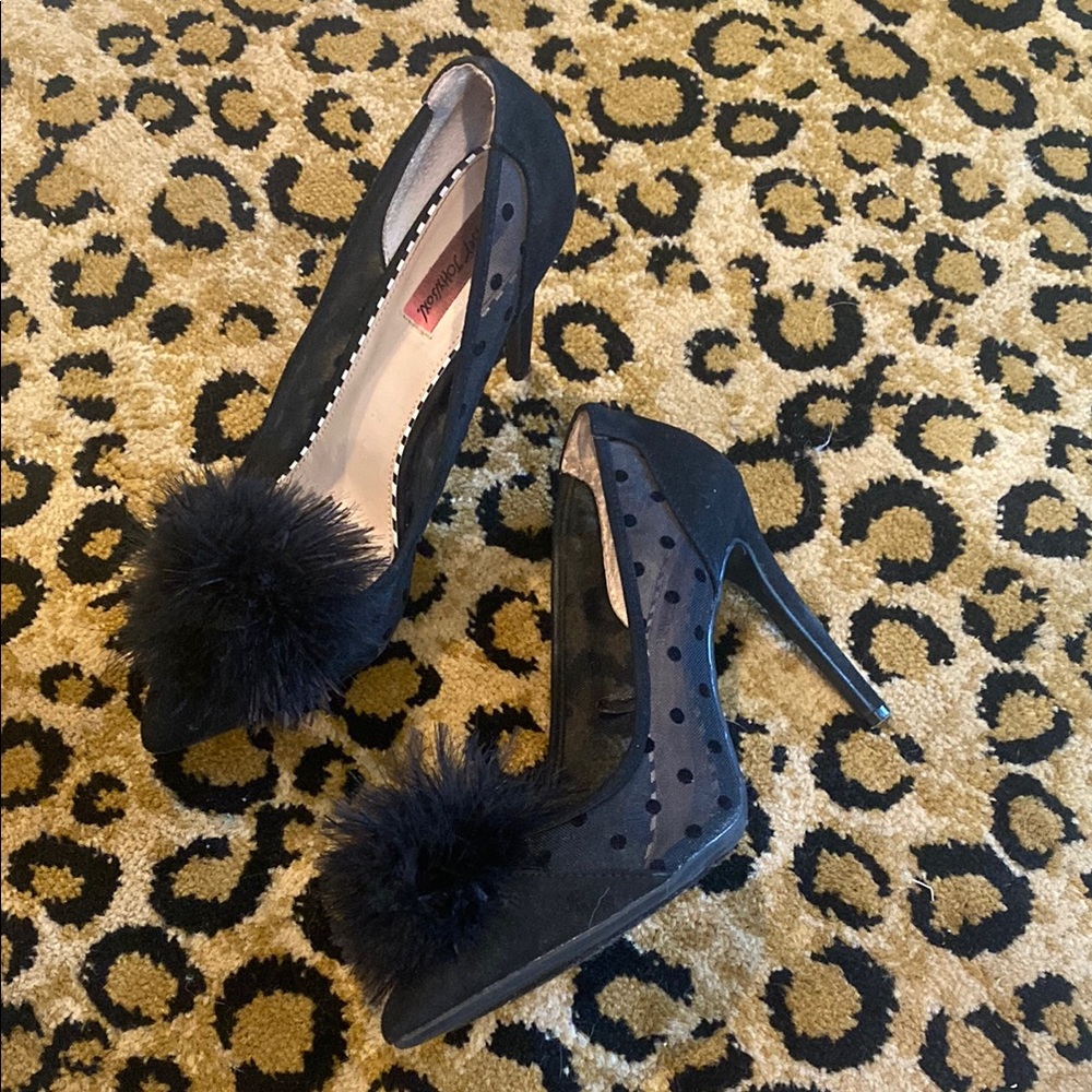Betsey Johnson Black Heels with Pom Pom and Polka Dots
